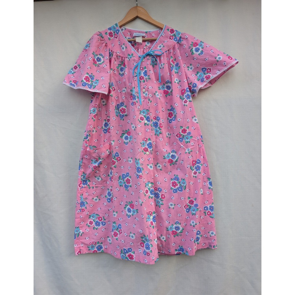LOUNGE AROUND Grandmacore House Dress Womens 2X Pink Floral Snap Chore Dress